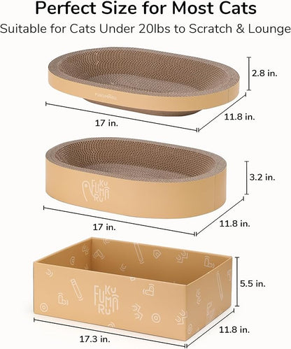 FUKUMARU 3PCS Cardboard Cat Scratcher Bed, Durable Oval Cat Scratch Bed Pads, Round Cats Scratching Board with Large Kitten Scratcher Box for Indoor Cats, Couch Sofa Furniture Protector