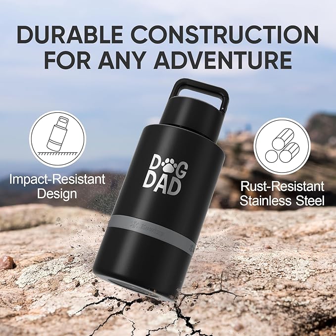 Dog Dad Gift, Insulated Dog Water Bottle with Travel Bowl, Men Christmas, Birthday for DogLover, Portable Water Bottle Dispenser, Accessories for Car, Camping, Outdoor, Detachable (DogDad-Black)