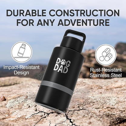 Dog Dad Gift, Insulated Dog Water Bottle with Travel Bowl, Men Christmas, Birthday for DogLover, Portable Water Bottle Dispenser, Accessories for Car, Camping, Outdoor, Detachable (DogDad-Black)