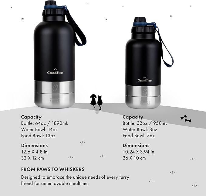 GrandTies Insulated Portable Dog Water Bottle with 2 Detachable Water Bowl Dispenser | Leak-Proof Dog Food Travel Container | Accessories for Dogs Walking, Hiking, Camping (32oz, Matte Black)