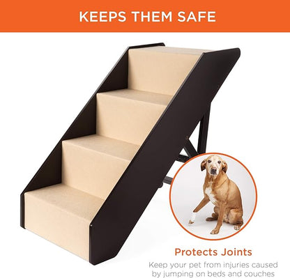 Best Choice Products 4-Step Foldable Adjustable, Non-Slip Wide Wooden Pet Stairs for Living Room, Bedroom, Dog & Cat Sizes Small, Medium, Large w/Carpet, No Assembly, Ideal for Injured, Elderly Pets