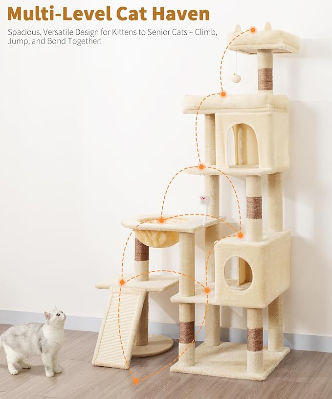68 Inches Heavy Duty Cat Tree for Indoor Cat, Big Cat Tower with Sisal Scratching Posts and Top Perch, Large Platform for Adult Cats, PMT02BW, Beige