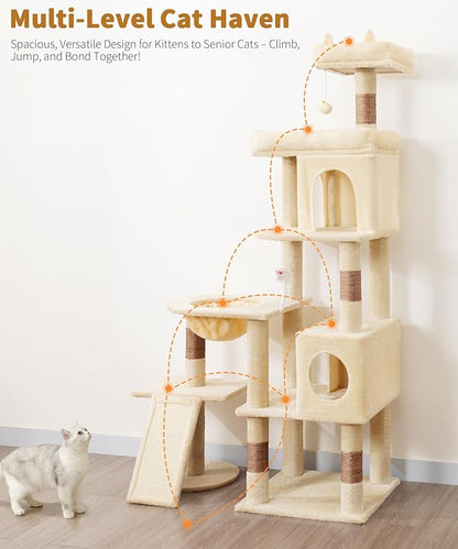 68 Inches Heavy Duty Cat Tree for Indoor Cat, Big Cat Tower with Sisal Scratching Posts and Top Perch, Large Platform for Adult Cats, PMT02BW, Beige
