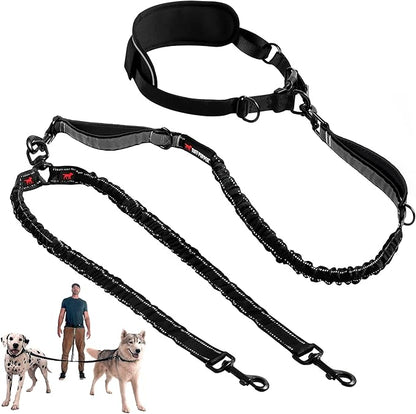 Tuff Pupper Heavy Duty Hands Free Bungee Dog Leash | Two Large Dogs Up to 250 lbs | Comfortable Shock Absorbing Bungee | Reflective Dual Padded Handles | Lumbar Waist Belt 26-38" | 360° Swivel Clips
