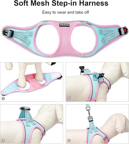 Mercano Soft Mesh Dog Harness and Leash Set, No-Chock Step-in Reflective Breathable Lightweight Easy Walk Vest Harnesses with Safety Buckle for Small Dogs, Cats (M, Pink Blue)