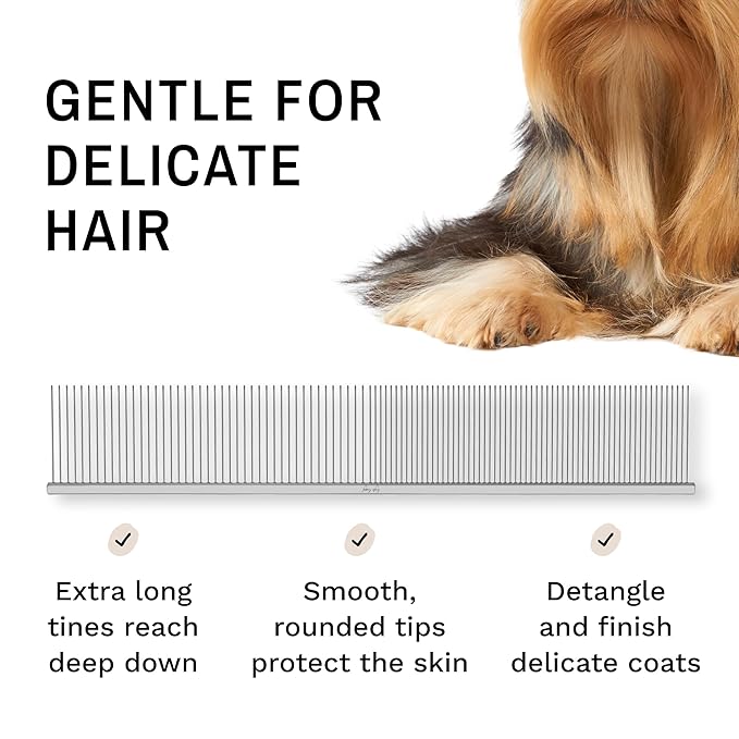 Eye Envy ProGlide Finishing Comb for Dogs. Dual-sided featherweight 8.75” dog comb with extra-long, closely spaced 32 mm rounded teeth. For a flawless, show-quality finish on delicate, fine coats.