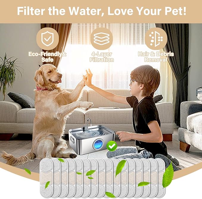 16+16 Pack Replacement Filters for Zuqqony 12L Stainless Steel Dog Water Fountain, 8 Month Set for Large Dogs Water Bowl Dispenser, Includes 16 Filters & 16 Sponges