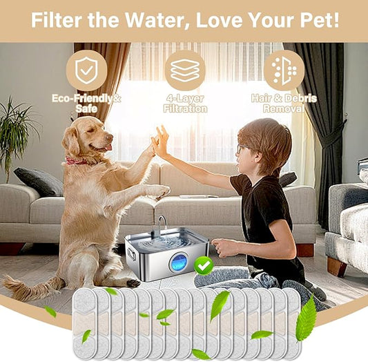 16+16 Pack Replacement Filters for Zuqqony 12L Stainless Steel Dog Water Fountain, 8 Month Set for Large Dogs Water Bowl Dispenser, Includes 16 Filters & 16 Sponges
