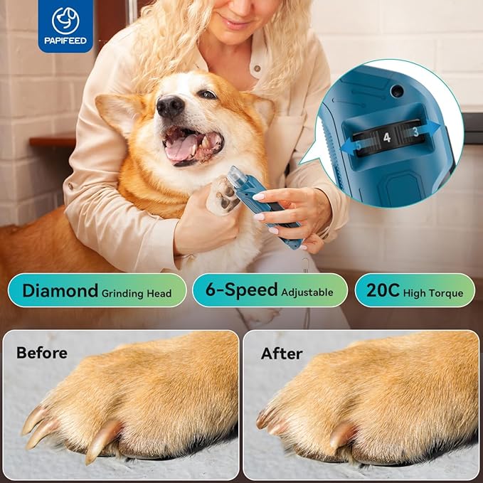 PAPIFFEED Pet Nail Grinder with Nail Clipper Kit, 6 Speed Adjustable Dog Nail Trimmer with LED Light, Rechargeable Pet Nail File with Dust Proof & Type-C Charging (Blue Set)