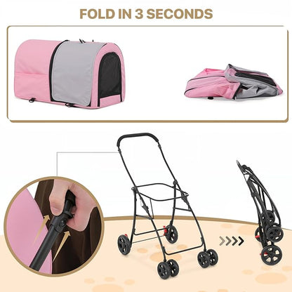 MoNiBloom Double Dog Stroller with Detachable Carrier Bags Large 4 Wheels Foldable Jogger for Small and Medium Dog Cats, Pink/Gray