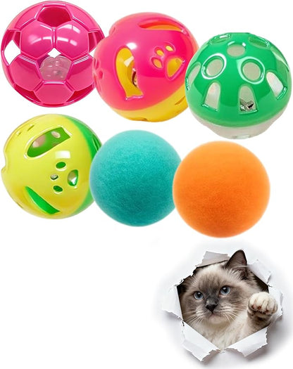 6 Pcs Cat Balls Set, Indoor Interactive Cat Toys for Bored Kittens, Jingle Bell Balls and Soft Plush Balls, Cute Play Balls for Kitties All Ages (1.5'')