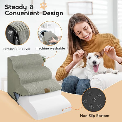 Mestuel Dog Stairs for Small Dogs Cats, Small Pet Stairs Steps, Foam 5-Tier Pet Stairs Steps for Couch Sofa, Dog Ramp Ladder Indoor with Nonslip Bottom &Washable Cover, Beige
