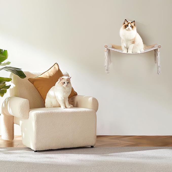 Macrame Cat Wall Shelves & Hammock - Comfy Cat Beds with Window Perch for Indoor Fun, Sleeping & Climbing,Maximum Hold Up to 30lb (Beige White - Cotton Rope)