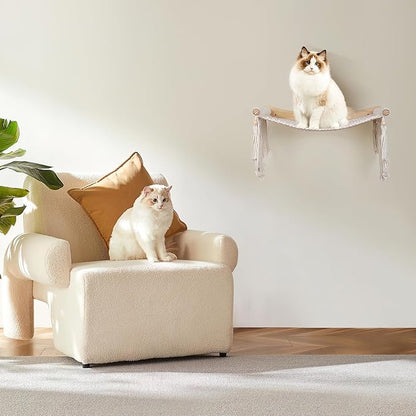 Macrame Cat Wall Shelves & Hammock - Comfy Cat Beds with Window Perch for Indoor Fun, Sleeping & Climbing,Maximum Hold Up to 30lb (Beige White - Cotton Rope)