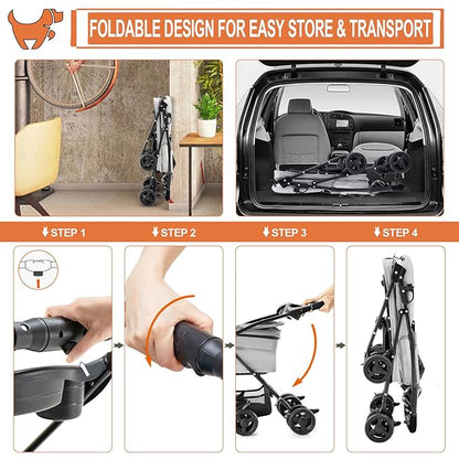 3-in-1 Pet Stroller for Small Dogs and Cats, Folding Lightweight Dog Stroller with Detachable Carrier Portable Cat Puppy Jogging Stroller with Cup Holder and Storage Basket, 4 Wheels
