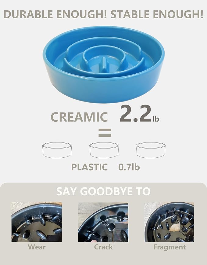 Ceramic Slow Feeder Dog Bowls Elevated, 2.0 Cups Slow Feeder for Medium Dogs, Puzzle Maze Bowl to Slow Down Eating, 30oz, 8in, Blue