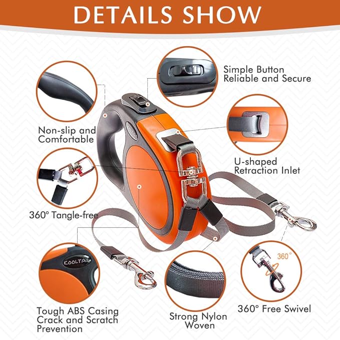 KOOLTAIL Dual Retractable Dog Leash for Two Dogs Up to 110 Lbs, Heavy Duty Double Headed 16 ft Extendable 360° Tangle-Free One Button&Lock Brake Dog Leash for Small Medium Large Dogs PuppyOrange