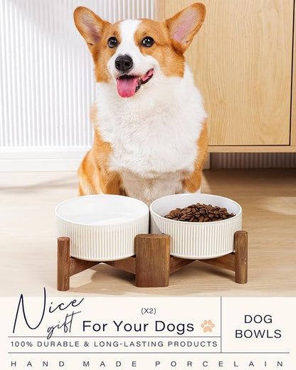 Getstar Ceramic Dog Bowls Set with Acacia Wood Stand, 3.5 Cups Pet Bowls Set of 2 for Medium Dogs, Cute Dog Food Bowl, Cat Bowls