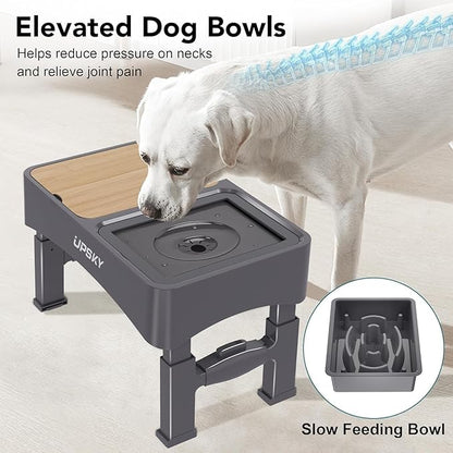 3-in-1 Elevated Dog Bowls Slow Feeder, 4 Height Adjustable Raised Dog Bowl with 2 Pcs Wooden Lids, No Spill Water Bowl Dispenser, Stainless Steel Pet Food Bowls for Medium Dogs