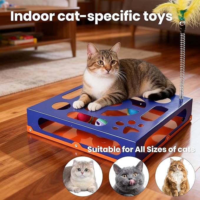 2026 New Metal Cat Scratch Puzzle Enrichment Box,cat Puzzle, 1 Spring-Loaded Colorful Feather Stick with a Bell,No Assembly Required, All Cats Indoor Play Toy