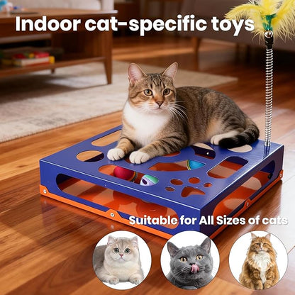 2026 New Metal Cat Scratch Puzzle Enrichment Box,cat Puzzle, 1 Spring-Loaded Colorful Feather Stick with a Bell,No Assembly Required, All Cats Indoor Play Toy