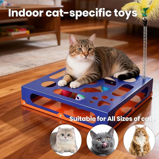 2026 New Metal Cat Scratch Puzzle Enrichment Box,cat Puzzle, 1 Spring-Loaded Colorful Feather Stick with a Bell,No Assembly Required, All Cats Indoor Play Toy