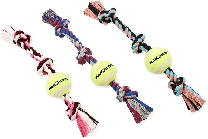 Mammoth Flossy Chews Color 3 Knot Tug w/Standard Tennis Ball – Premium Cotton-Poly Tug Toy for Dogs, Interactive Rope Dog Toy for Medium Dogs - 20” , Multi color