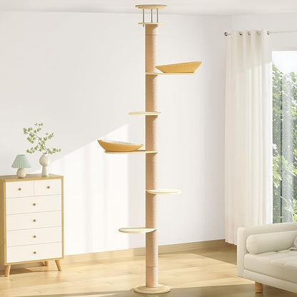 Tinnmao Solid Real Wood Floor to Ceiling Cat Tree, 6 Level Adjustable Height (89"-105"), Modern Climbing Tower with Thickened Wooden Sisal Scratching Posts & Cozy Bed for Indoor Cats Large Adult
