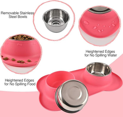 Dog Bowls 2 Stainless Steel Bowl for Pet Water and Food Feeder with Non Spill Skid Resistant Silicone Mat for Pets Puppy Small Medium Cats Dogs