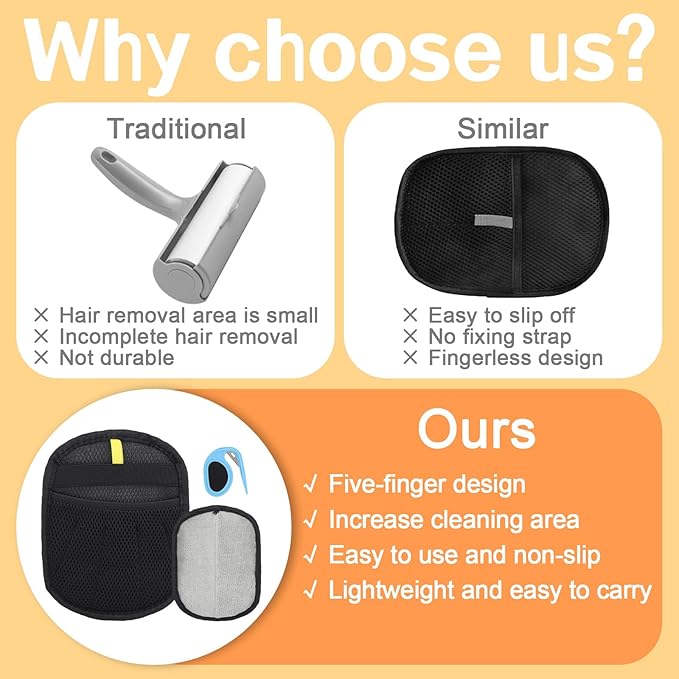 BOXOB 2pcs Five Fingers Pet Hair Removal Gloves, Double Sided Cat & Dog Grooming Cleaner Mitt Tool with Detangling Knife Reusable Electrostatic Pet Hair Remover Shedding for Couch Furniture Carpet