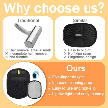 BOXOB 2pcs Five Fingers Pet Hair Removal Gloves, Double Sided Cat & Dog Grooming Cleaner Mitt Tool with Detangling Knife Reusable Electrostatic Pet Hair Remover Shedding for Couch Furniture Carpet