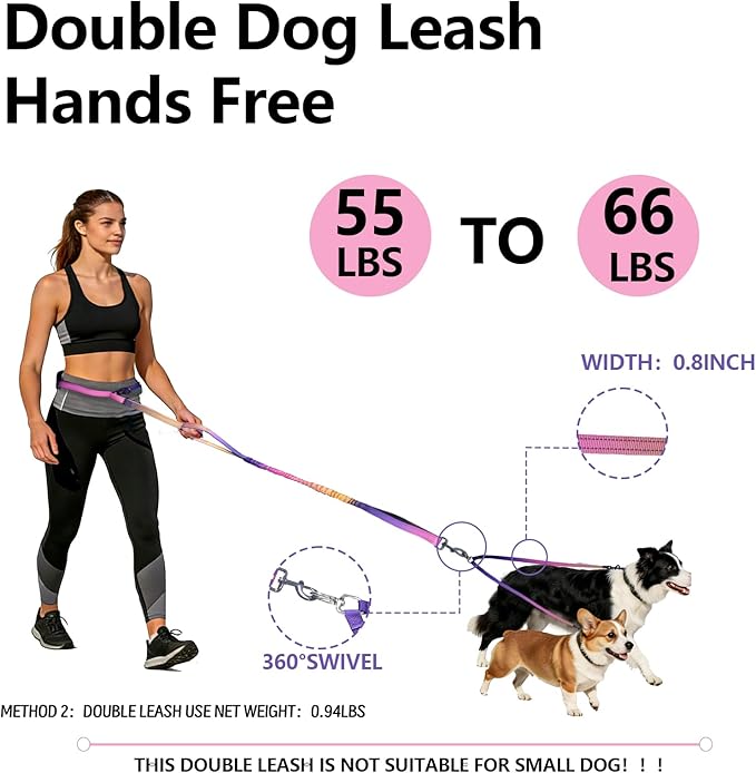 Roses&Poetry Hands Free Double Dog Leash for Two Dogs, 9-11ft Adjustable Bungee Walking Waist Lead, Dual Dogs Leash with Tangle-Free Swivel for Medium Large Dog Heavy Duty Running(Mistyrose)