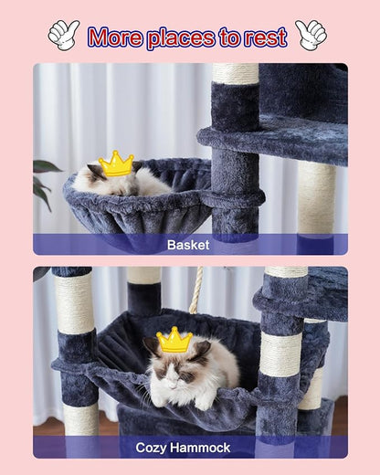 Cat Tree for Indoor Cats Large Adult, 74" Cat Tower with 3 Big Platforms, 2 Baskets, 2 Condos, Multi-Level Cat Scratching Posts, Smoky Gray GCT030G