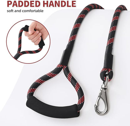 Mile High Life Reflective Dog Leash, with Comfortable Padded Handle, Black Nylon Rope Leash with Steel Tips, Heavy Duty 4 Feet Pet Leashes (Black Red,48 Inches)