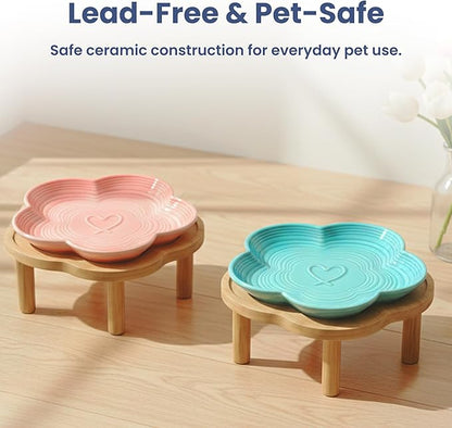 PawsPik Flower Ceramic Cat Feeding Plate with Raised Bamboo Stand, Elevated Whisker-Friendly Pet Bowl, Anti-Slip Stable Design, Dishwasher Safe (Blue)