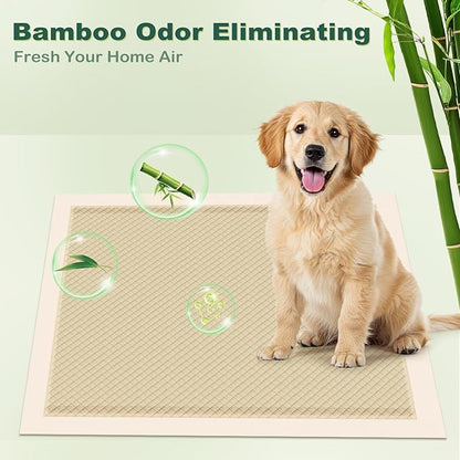 MIZOK Puppy Pads Small 22x22 Pee Pads for Dogs Bamboo Odor Eliminating & 6-Layer Absorbent Leak-Proof Dog Pee Pads Potty Training with Adhesive Tabs, Disposable (100 Counts)