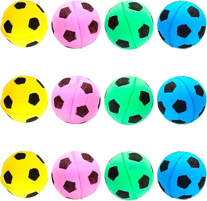 Meric CoCoo 1.5-Inch Soft Foam Cat Soccer Balls, Bouncy & Lightweight, Interactive Indoor Play Toys for Kittens & Cats, Quiet & Durable, Bright Colors, 12-Pack
