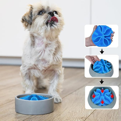 Slow Feeder Dog Bowls Insert, Silicone Slow Feeder Bowl with Strong Suction Cups Perfect for Stainless Steel Glass Ceramic Dog Bowls (Blue, Medium Size)