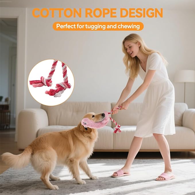 AUSCAT Plush Dog Rope Toy, Durable Squeaky Dog Toys for Puppy Small Medium Dogs, Not for Aggressive Chewers, Flamingo