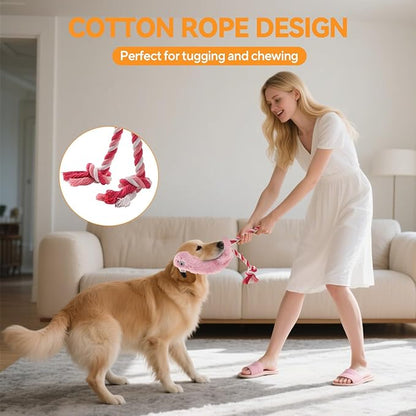 AUSCAT Plush Dog Rope Toy, Durable Squeaky Dog Toys for Puppy Small Medium Dogs, Not for Aggressive Chewers, Flamingo