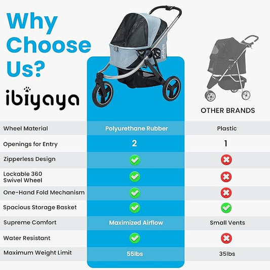 ibiyaya The Beast Pet Jogging Stroller for All Terrains, 3-Wheel Dog Carrier with Double Breaks, Zipperless Large Stroller for Running & Hiking, Multiple Small Dogs, Medium Dogs, or Cats (Flash Grey)
