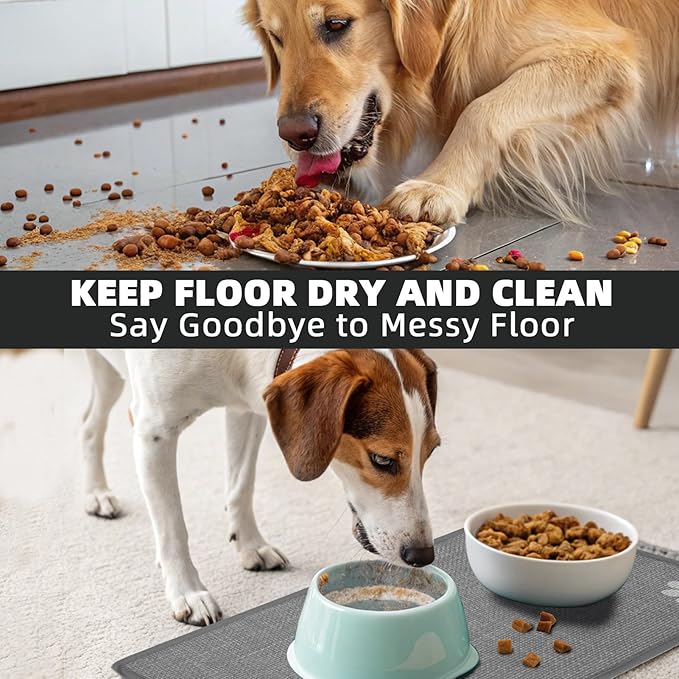 PUPTECK Dog Food Mat, Absorbent Pet Cat Feeding Mat for Food and Water Bowls, Anti-Slip Dog Placemat for Floors Waterproof, Pet Supplies Accessories, Grey Paw M