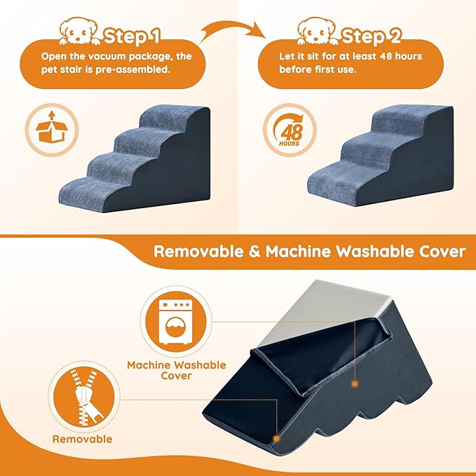 Dogs Steps for Bed, Dog Stairs for Small Dogs, 2-Step Dog Ramp for Bed, Couch, Sofa, and Chairs, Non-Slip Bottom Design, Cat Scratching, High Density Foam Portable Pet Step, Indoor, Navy