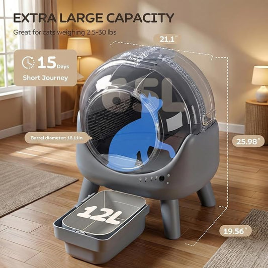 Automatic Litter Box, Self Cleaning Litter Box for Multiple Cats, Smart APP Control & Dual Safety Sensors, 15-Day Large Capacity Waste Bin, Odor Control, Includes Trash Bags,Gray