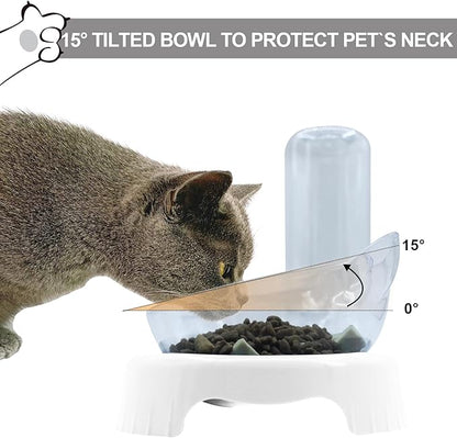 Triple Cat Bowls with Water Dispenser, Pet Whisker Friendly Water and Food Bowl Set with Non-Slip Mat, 15° Tilted Double Feeding Bowls, Elevated Wet and Dry Food Dish for Kitten&Small Dog (White)
