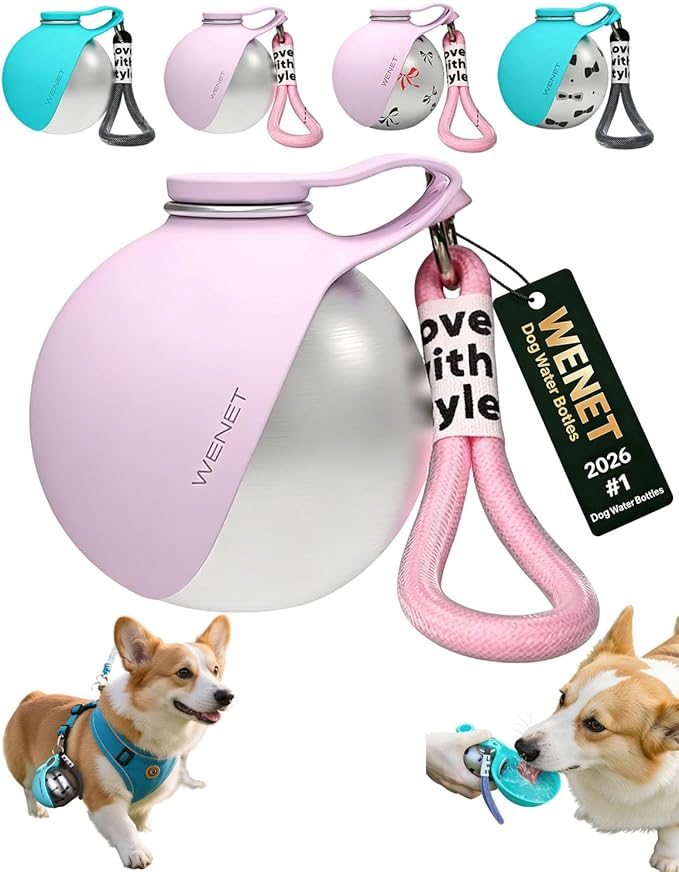 2-in-1 Portable Dog Water Bottle Leak Proof Stainless Steel Foldable Pet Water Bottle with Silicone Bowl Compact Travel Water Dispenser for Dogs One-Hand Operation for Walking Camping Travel (Pink-A)