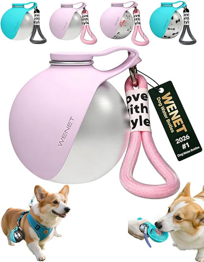 2-in-1 Portable Dog Water Bottle Leak Proof Stainless Steel Foldable Pet Water Bottle with Silicone Bowl Compact Travel Water Dispenser for Dogs One-Hand Operation for Walking Camping Travel (Pink-A)