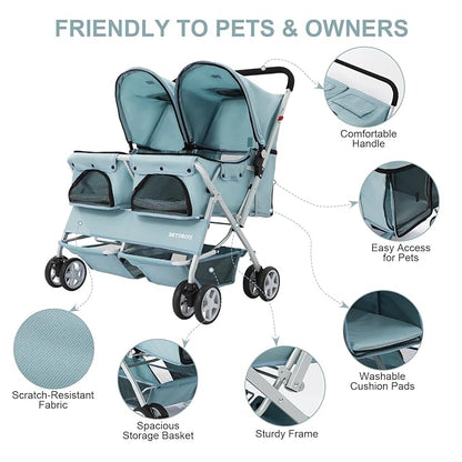 Double Pet Stroller for 2 Small Dogs & Cats, Side-by-Side Twin Travel Carriage with Safety Leashes, Mesh Windows & Double Storage Baskets, Lightweight & Foldable, 44lbs Capacity, Light Blue
