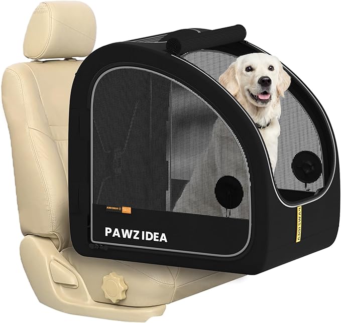 PAWZIDEA Portable Dog Crate for Car Travel, Collapsible Pet Travel Crates for Medium & Large Dogs, Enclosed Soft-Sided Car Kennel Carrier for Backseat, Secures w/Seatbelt & Headrest Strap, Chew-Proof
