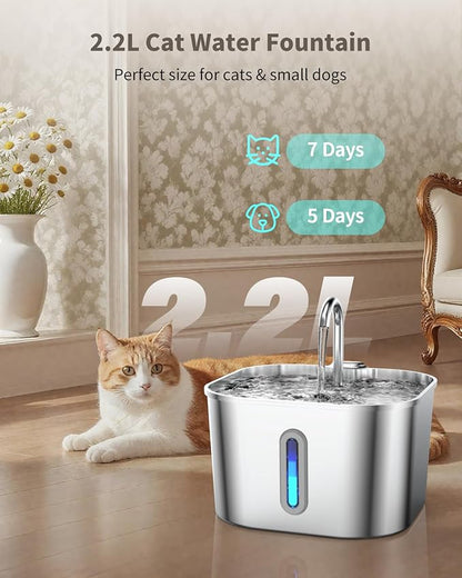 Cat Water Fountain Stainless Steel with 4 Filters & 4 Sponges, 74oz/2.2L Cat Fountain with Quiet Pump, Automatic Pet Water Dispenser, Ideal for Multi-pet Homes, Fresh & Clean Water for Cats and Dogs